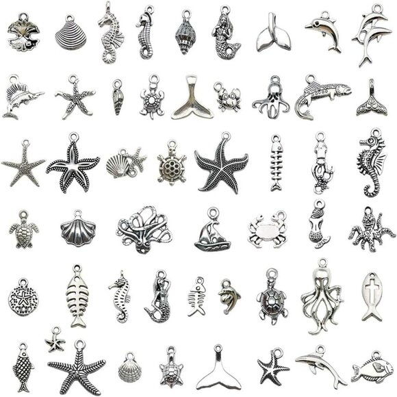 102pcs Ancient Silver Alloy Ocean Series Pendant Jewelry Making DIY Keychain Ear - Picture 1 of 7